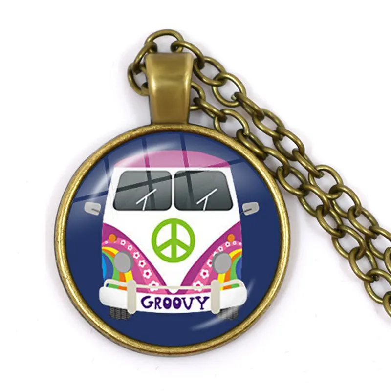 Hippie Bus Peace Sign Jewelry Vintage Blue Hippy Bus Photo Pendant Blue Hippy Van Bus Photo Necklace Purse Bag Car