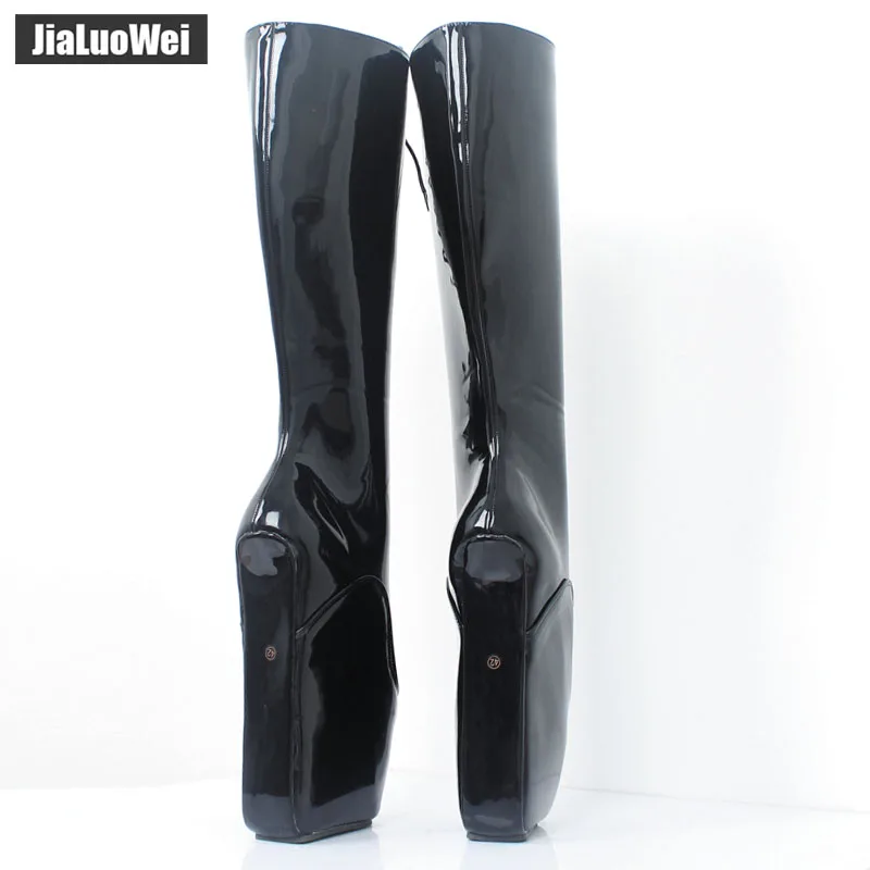 jialuowei Brand 18CM Super High Heel Wedges Ballet Boots Women Stange heels Patent Leather Cross-tie Sexy Fetish Knee High Boots