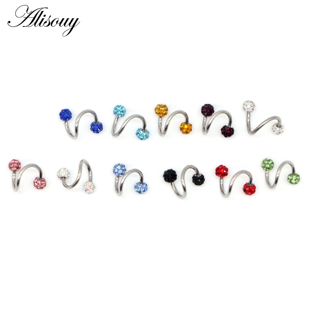 Alisouy 1Pc Stainless Steel Spiral Full Crystal Ball Twister Rings Lip earring labret Rings Tragus Helix Body Piercing Jewelry