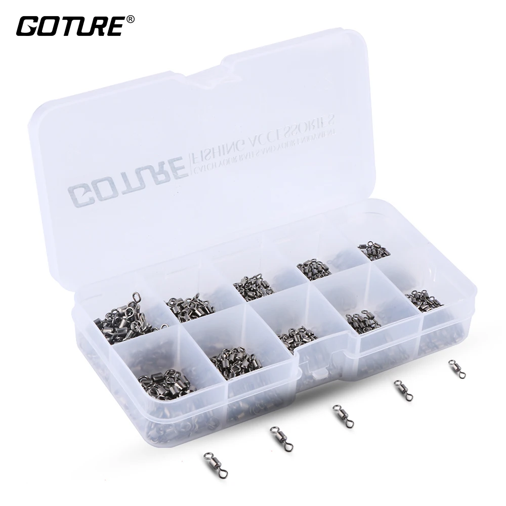 

Goture 500pcs/box High Carbon Steel Rolling Barrel Fishing Swivels 4# 6# 8# 10# 12# 9LB-35LB Carp Fishing Accessories