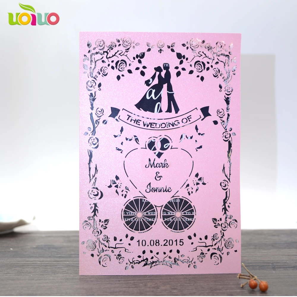 

50set inc122 couple card free logo Fairy carriage Birthday Laser invitation card with envelope,insert and seal