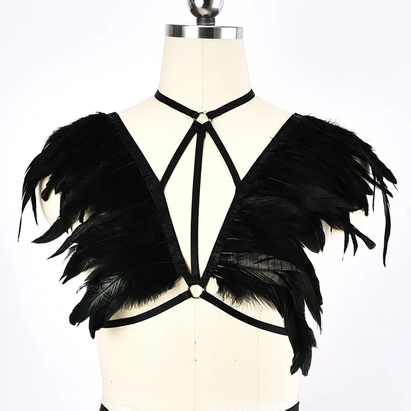 

JLX.HARNESS Women Black Fetish Feather Body Harness Belt Elastic Adjust Sexy Lingerie Goth Top Cage bra Bondage Punk Wear