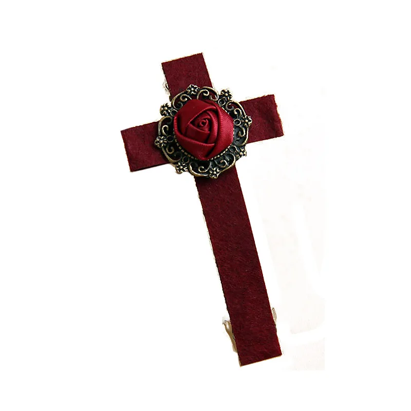 المرأة شيك اليدوية 3.3 بوصة زهرة حمراء ارتفع الصليب إكسسوارات الشعر كليب دبوس باريت تأثيري مصاص دماء القوطية لوليتا الطرف