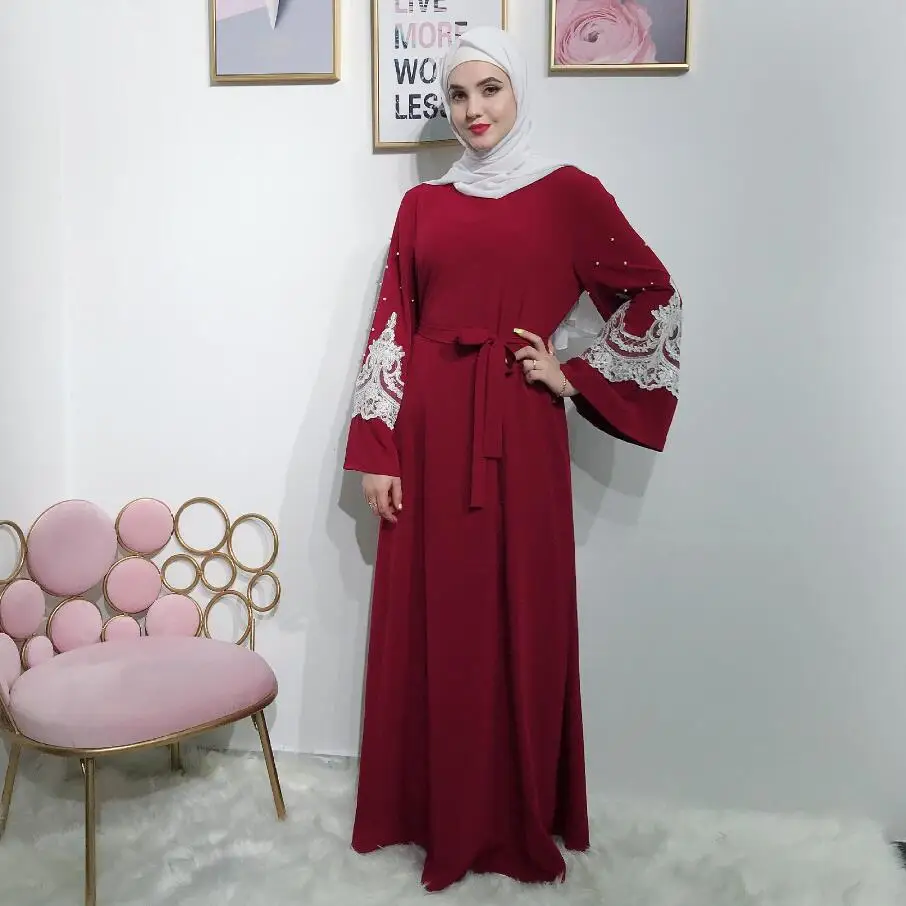 

2019 women muslim dress fashion beaded turkey arab dubai kaftan womens long sleeve indonesian dress islamic gowns a1235