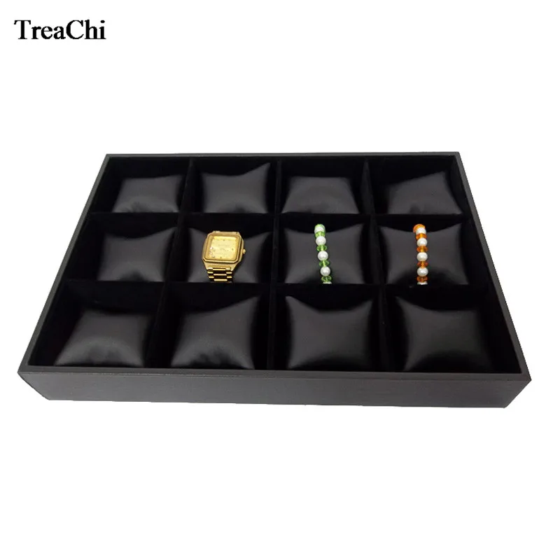 12 Grids Convenience Jewelry Display Case Bangle Bracelet Display Pillow Box Black PU Velvet Cushion Watch Holder Tray