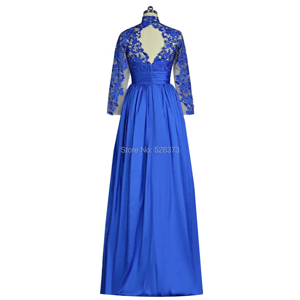 MD146 Royal Blue Taffeta Mother of the Bride/Groom Dress High Neck Long Sleeves Open Back Elegant Outfit for Wedding Events