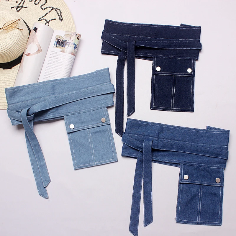 Women\'s Denim Wide Waist Belts Women Belts With Pocket Leisure Cummerbund For Party Dresses Female Belts Clothing Accessories