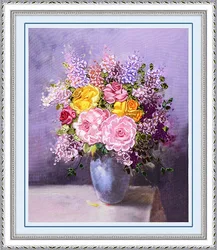 Needlework,DIY Ribbon Cross stitch Sets for Embroidery kit, Classic Vase Rose flowers Cross-Stitch handwork Home Wall Decor Gift