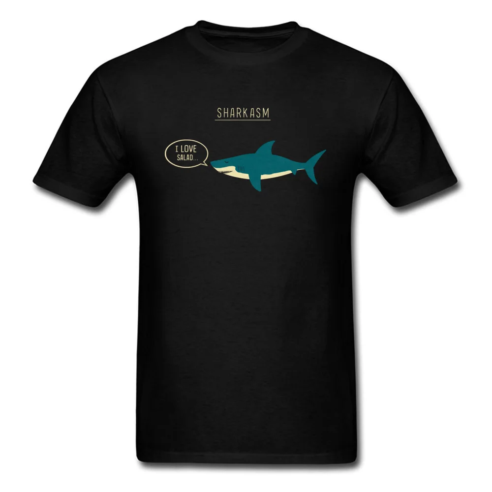 Funny Sharkasm 2024 New Arrival Shark Tee Shirt Black T-shirt Short Sleeve For Men Cartoon Design I Love Salad