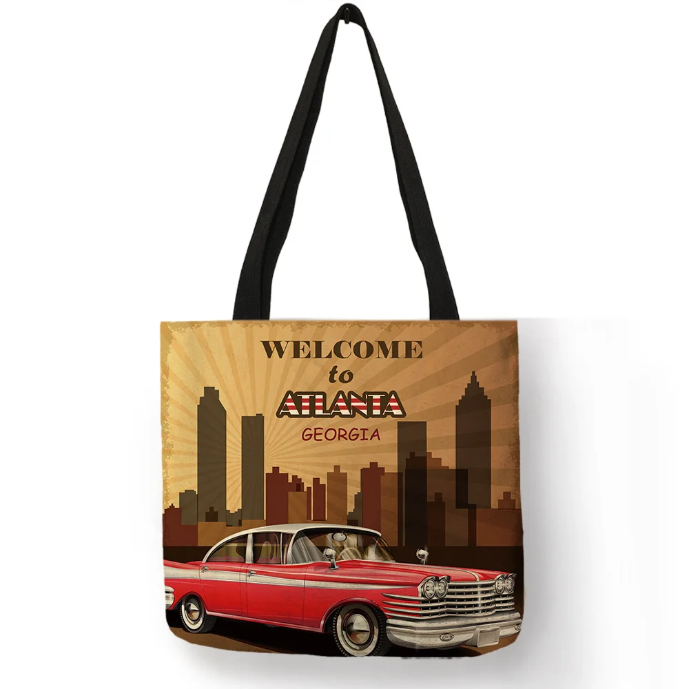 Strong Personalized Cool Shoulder Bag for Women Retro Vehicle Garage Printed Tote Bag Premium Eco Linen Handbag Sac A Main