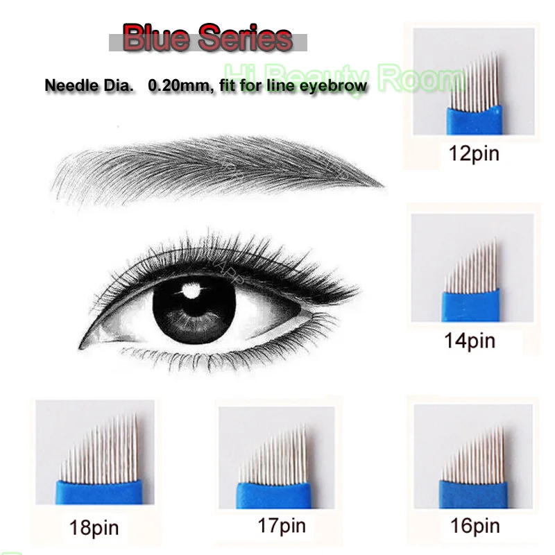 100pcs/lot Disposable Blue Permanent 12 14 16 17 18 Pin Manual Eyebrow Tattoo Needles Blade For 3D Embroidery Microblading Pen