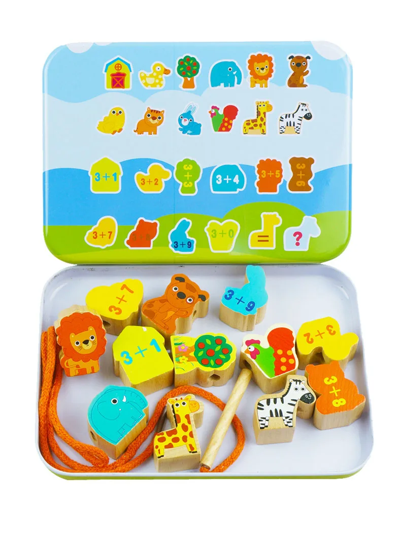 Kit de bricolage de perles en bois pour enfants, jouets éducatifs, nombres d'animaux de dessin animé, ensemble à la mode, cadeau artisanal pour bébés garçons et filles, avec boîte