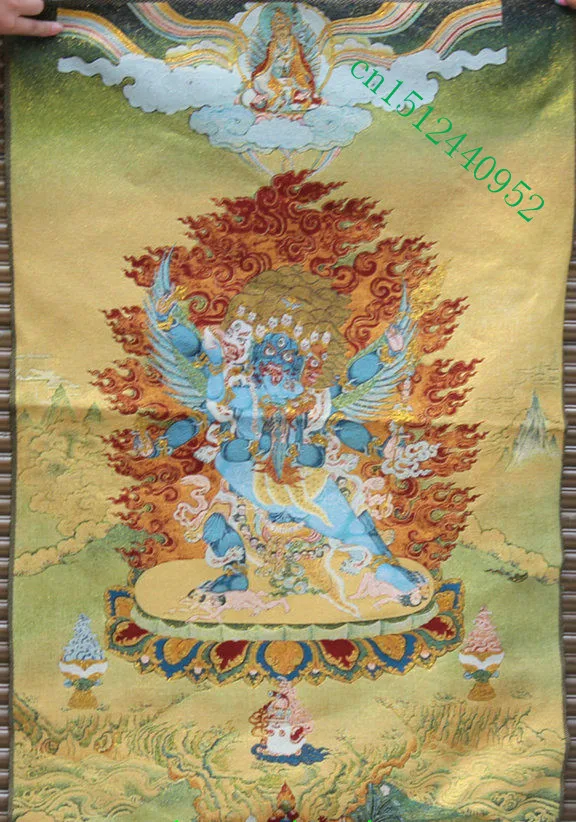 36 inch Tibet Silk embroidery 3 Heads Wrathful Heruka Vajrakilaya Thangka Painting Mural