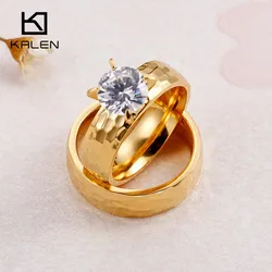 Kalen New Zircon Couple Rings Stainless Steel Gold Color Finger Rings for Men Women Fashion Engagement Wedding Band Jewelry