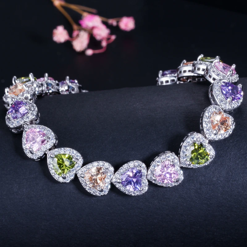 CWWZircons Luxurious Cubic Zircon Elements Red Green Blue Austrian Crystal Bracelets Fashion Jewelry for Women Love Gift CB166