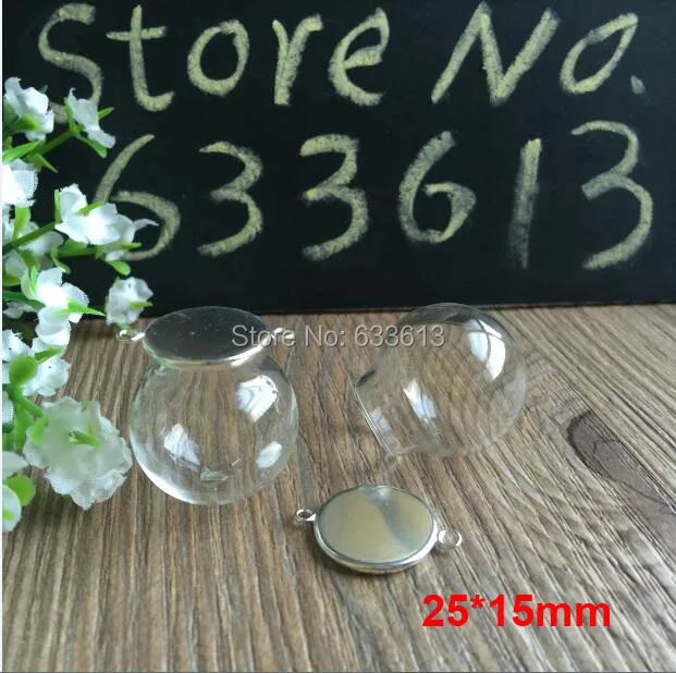 

100sets/lot 25*15mm Glass Globe two loop 16mm silver base Pendant Locket Charm wide opening glass Bottle, glass vials pendeants