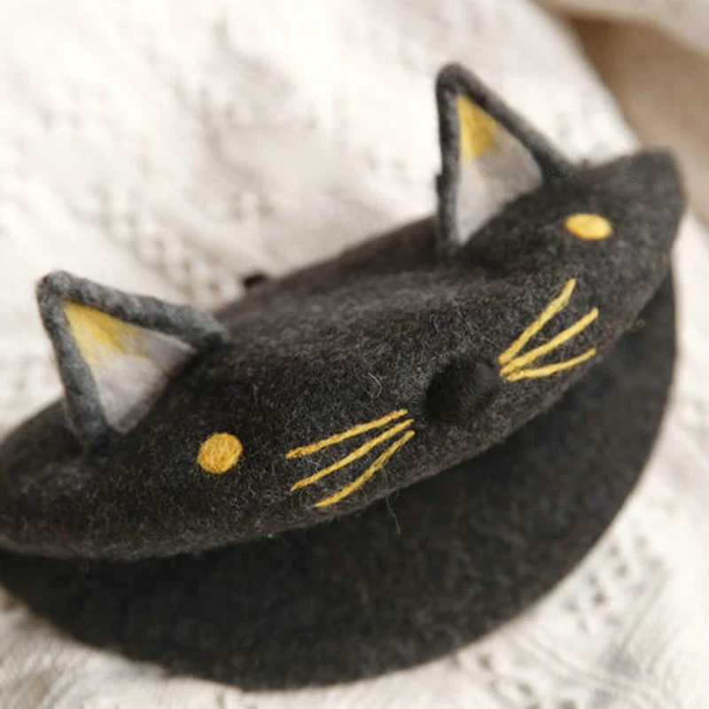 Faramita Holiday Vintage Women Cat Ears Hand-made Berets Cute Cats Kids Girls Boys Manual Deep Gray Hats Caps Wool Felt Painter