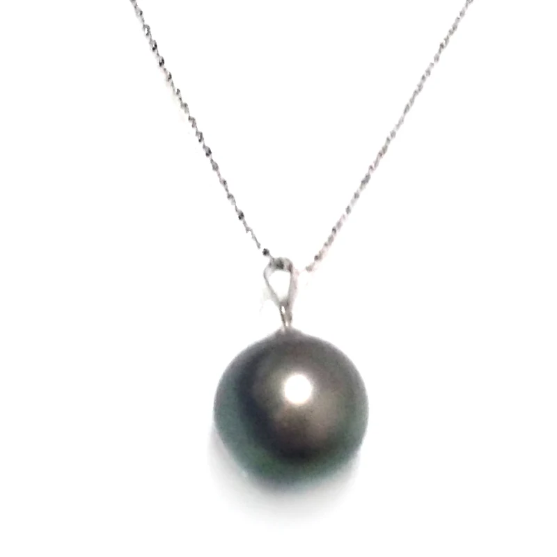 12-13mm Genuine Round Black Tahitian Pearl Pendant Necklace with 14 k White Solid Gold Chain and Bail