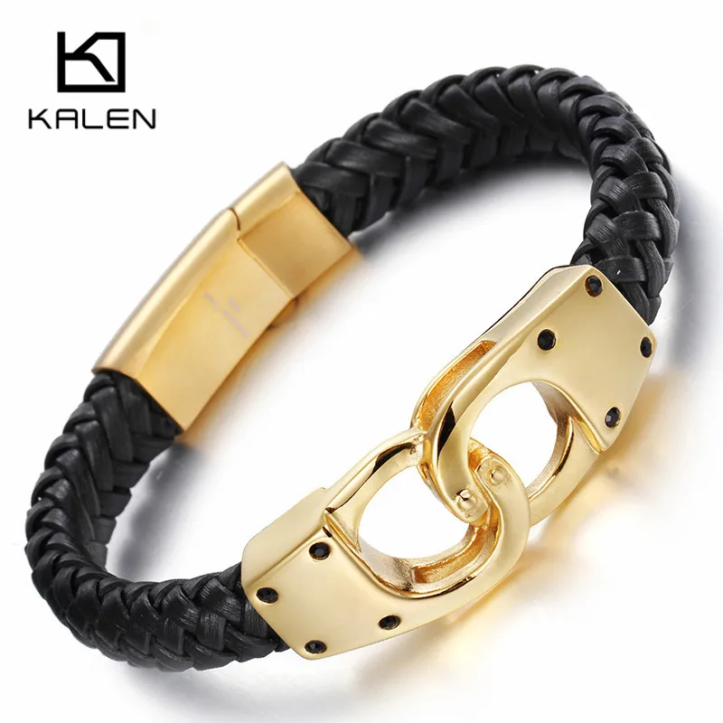 Kalen Italian Gold Color Handcuff Leather Bracelets For Men Fashion Stainless Steel 22CM Cheap Braided Leather Bracelets Jewelry