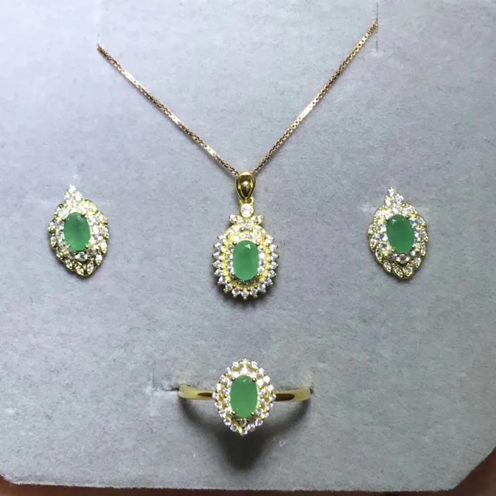 Natural and Real Emerald jewelry set Natural Real Emerald 925 sterling silver 1pc pendant,1pc ring ,2pcs Earring