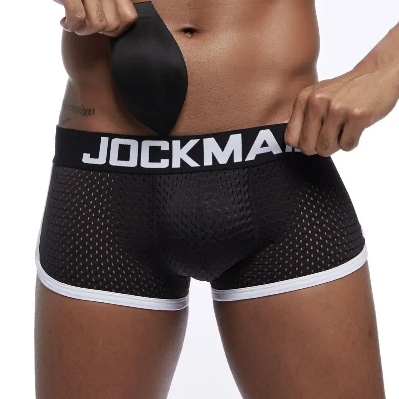 JOCKMAIL Sexy Men underwear Boxers Men\'s Padded Enhancing Removable front and bottom Breathable Mesh Gay Underwear Spring summer