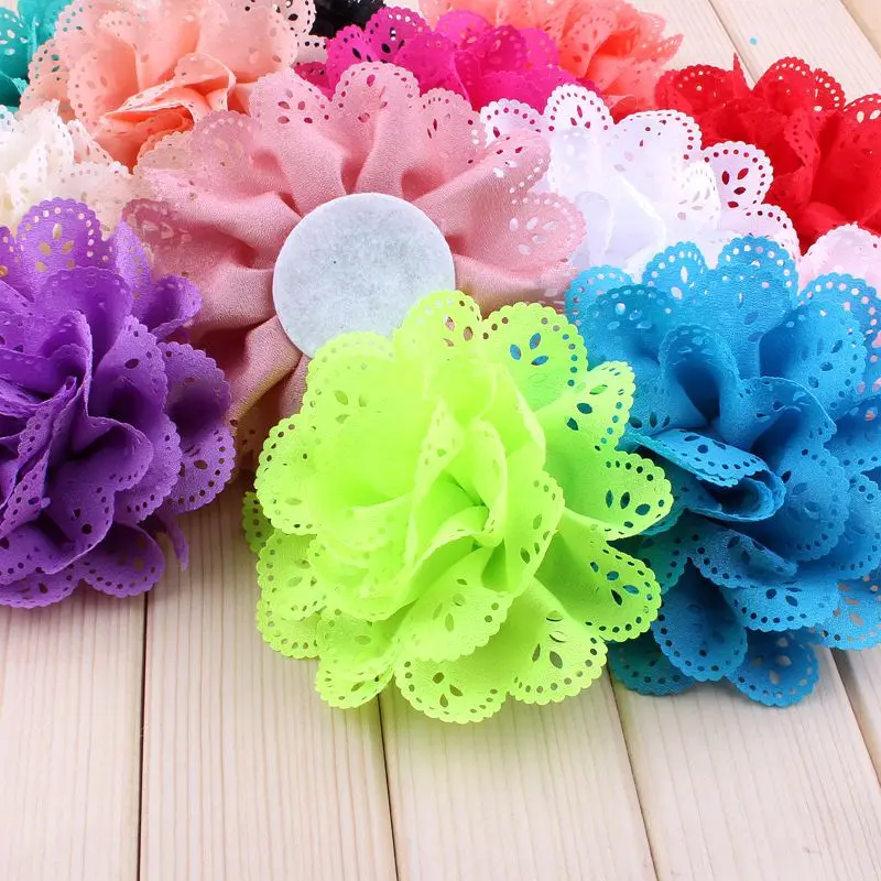 

120pcs/lot 4" 15 Colors Fluffy Eyelet Silk Flowers For Hair Accessories Artificial Fabric Flowers Clips For Kids Headbands