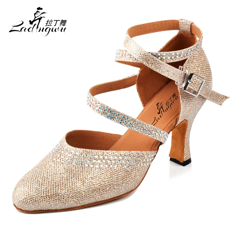 Ladingwu Golden/Silver New Flash Cloth Collocation Shine Rhinestone Ballroom Dance Competition Shoes Women Latin Dance Shoes