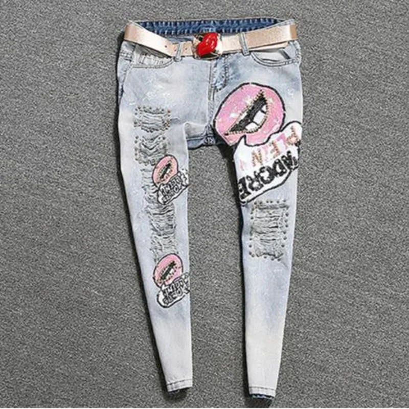 summer Lips Sequins Beading Slim Skinny Jeans For Women Casual Women's Jeans Femme Ripped Pants