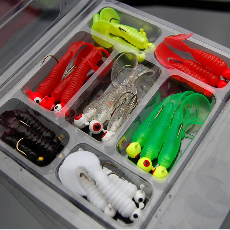 21pcs Mini Soft Fishing Lure Lead Jig Head Hook Grub Worm Silicone Fish Baits Artificial Bait Fish Lure Set рыбалка