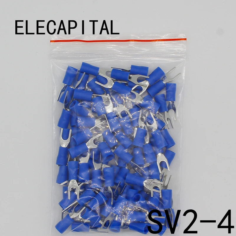 SV2-4 Blue Furcate Cable Wire Connector 100PCS/Pack Furcate Pre-Insulating Fork Spade 16-14AWG Wire Crimp Terminals SV2.5-4 SV