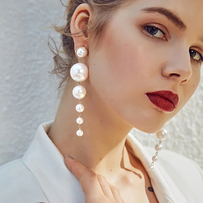 Trendy Elegant Created Big Simulated Pearl Long Earrings Pearls String Statement Dangle Earrings For Women Wedding Party Gift