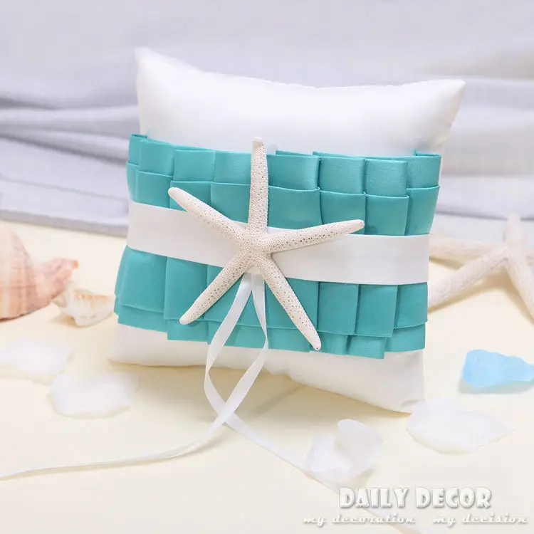 5pcs/set  Ocean Starfish blue + white wedding accessories / supplies ( ring pillow + flower basket + pen + guest book + garter )