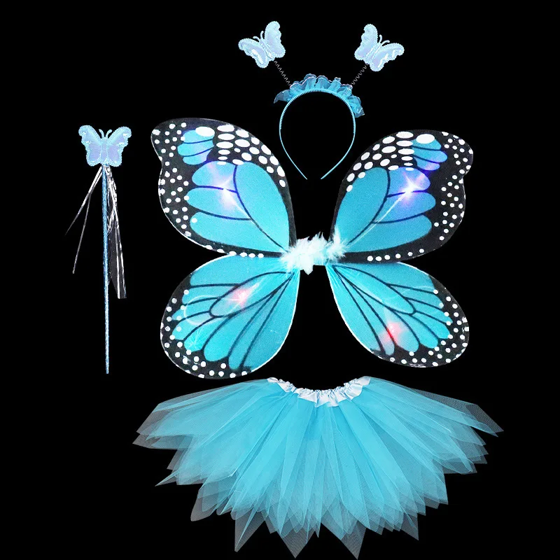 4 Piece Shining Butterfly Wing +Wand +Headband +Tutu Skirt Christmas Halloween Cosplay Costume For Fairy Girls Kids 6 Colors