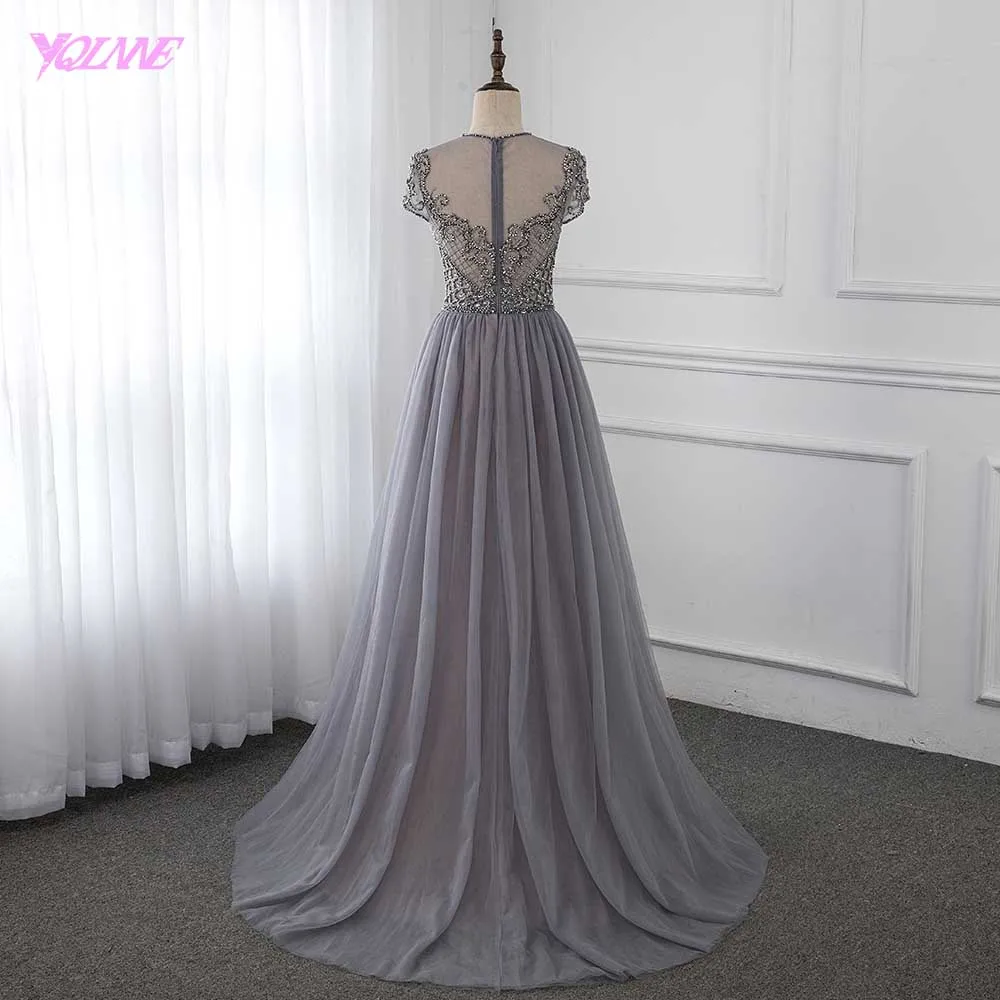 Couture Gray Cap Sleeve Evening Dress Sparkly Rhinestone Formal Gown Competition Dresses Robe De Soiree YQLNNE