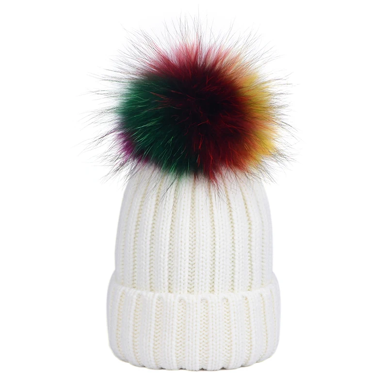 

Fashion Thick Cotton Knitted Beanies Caps Winter Women Warm Rainbow Real Raccoon fur Pom pom Knit Hat Gorros Bonnet