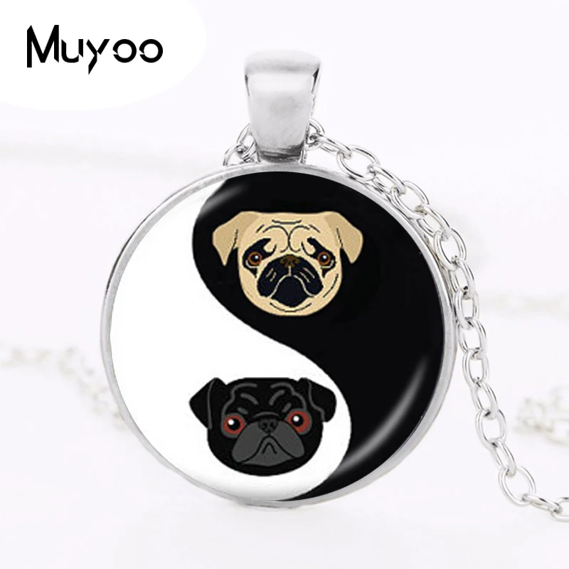 Yin Yang Pug Necklace Black and Tan Bulldog Pendant Dog Jewelry Gifts For Pug Lovers Rescue Jewellery, Glass Dome HZ1