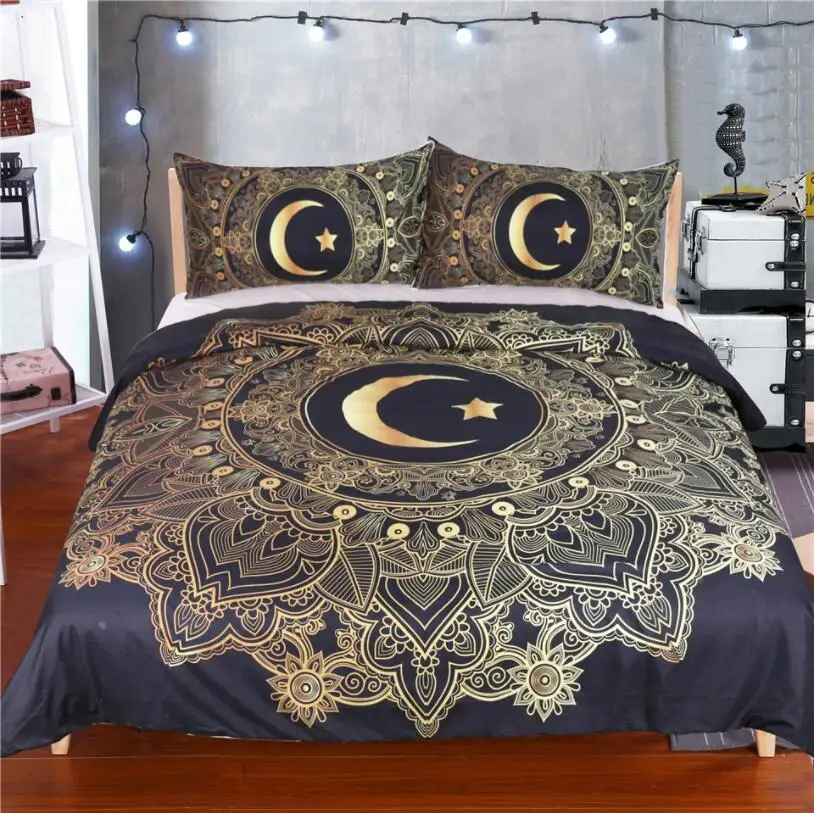 

Fashion Golden Bonzing Mandala Flowers Star Moon Duvet Cover Black Dark Blue Bedding Set Soft Quilt Cover Single Bed Cover 3Pcs