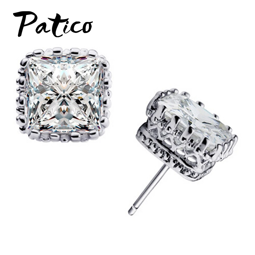 New Arrival 925 Sterling Silver Color Stud Earrings With 6MM Square Cubic Zirconia Ear Brincos Fast Shipping For Women\'s Gift