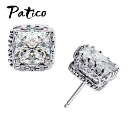 New Arrival 925 Sterling Silver Color Stud Earrings With 6MM Square Cubic Zirconia Ear Brincos Fast Shipping For Women's Gift