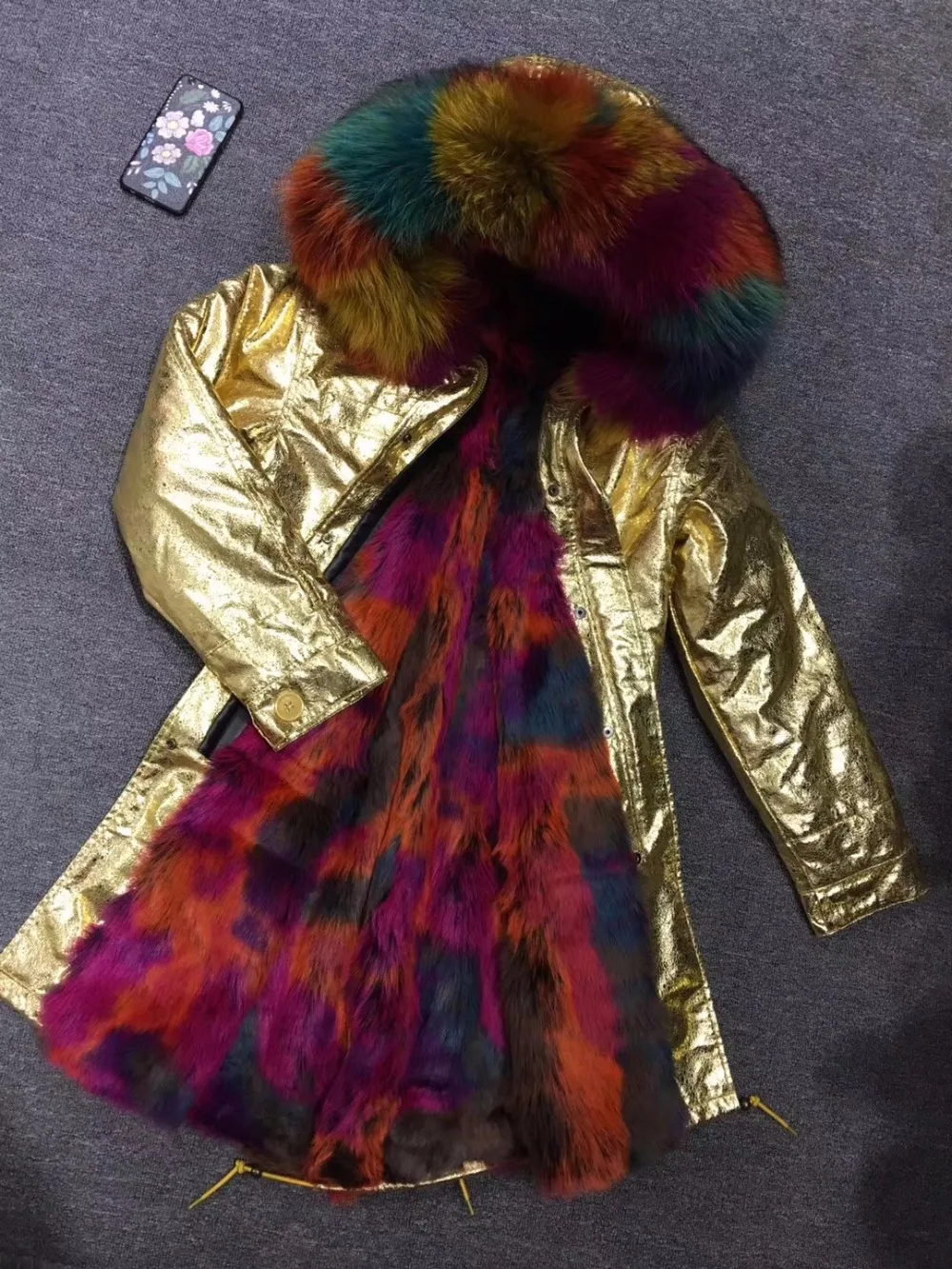 Goldem Artificial Leather Parka Multicolor Faux Fur Lined Long Jacket Warms With Fur Collar