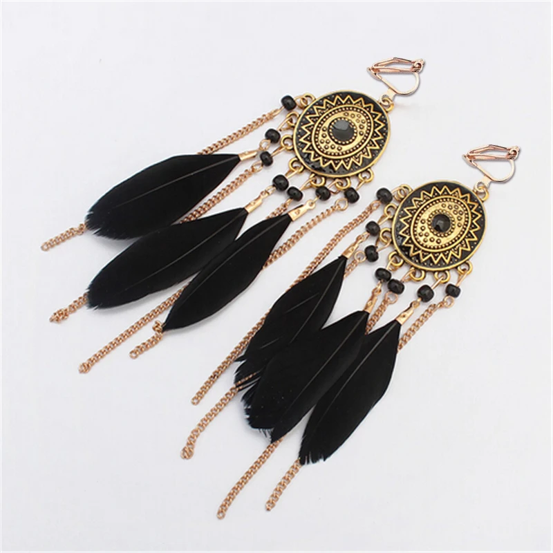 

Fashion Bohemian Long Tassel Enamel Feather Clip on Earrings for Women Without Piercing Hanging Ear Clips Female Bijoux 2018