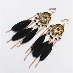 Fashion Bohemian Long Tassel Enamel Feather Clip on Earrings for Women Without Piercing Hanging Ear Clips Female Bijoux 2018