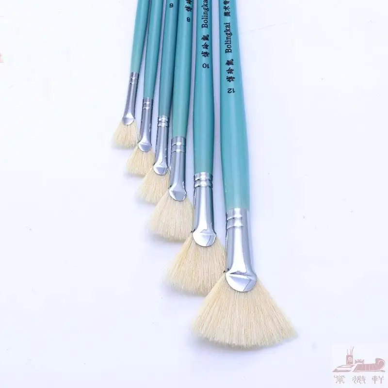 6pcs/Set fish tail pig bristle hair fan shape oil paint brush hook line nylon gouache pait brush art Professional Art Supplies