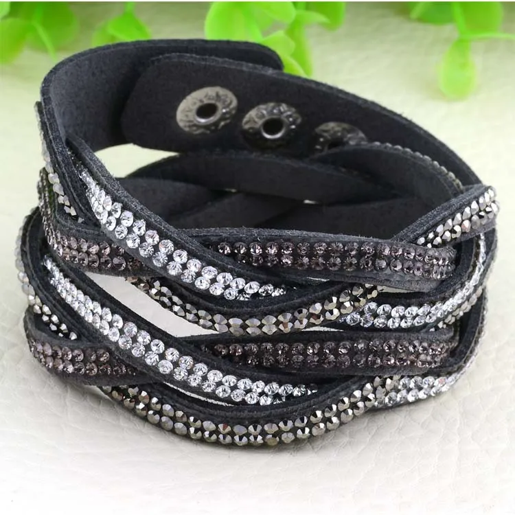 Miasol Braided Suede Leather Double Wrap Bracelet With Biling Crystal Rhinestone Wrapped Bracelet Armband For Women Gift