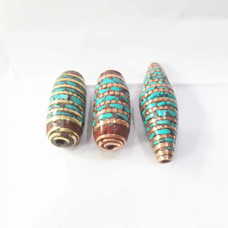 Nepal Hand Metal Beads Copper Silk Filled With Turquoise Big Shuttle Loose Beads for DIY NBB207