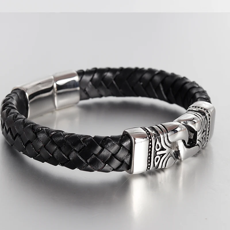 FASHION Men Bracelet Black  Vintage Leather Bracelet Stainless Steel Magnetic Clasps Bracelets Male Hot Jewelry  Ethnic Ethnic