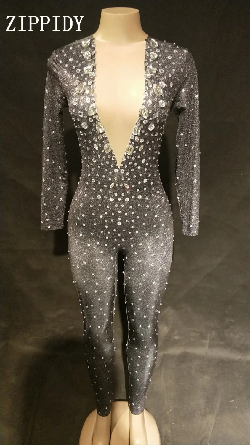 ออกแบบใหม่ Sparkly หินสีดำ Jumpsuit เซ็กซี่ Rhinestones Bodysuit นักร้องหญิง Rompers Stage Wear เต้นรำสวมใส่ชุด YOUDU