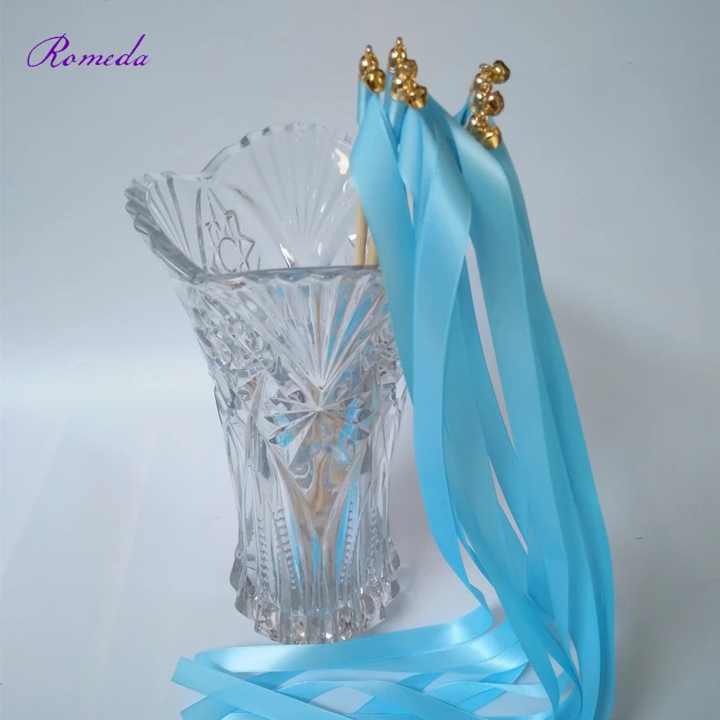 

Hot selling 50pcs/lot light blue stain ribbon wedding stick wands With golden Bells for wedding decoration