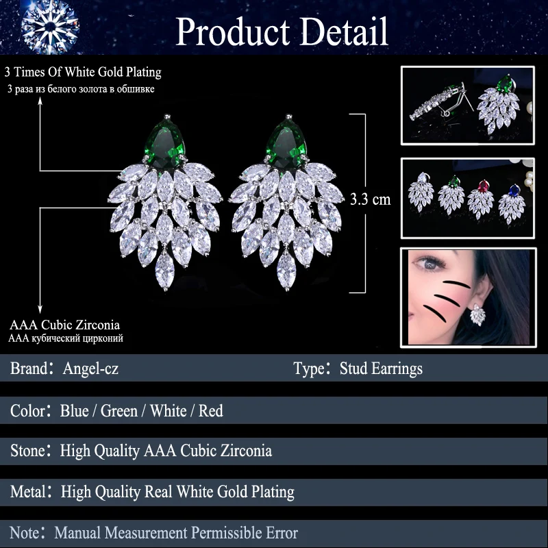 ANGELCZ Vintage Royal Blue Crystal Earrings Top Quality Leaves Shape CZ Famous Brand Design Wedding Jewelry For Bridesmaid AE175