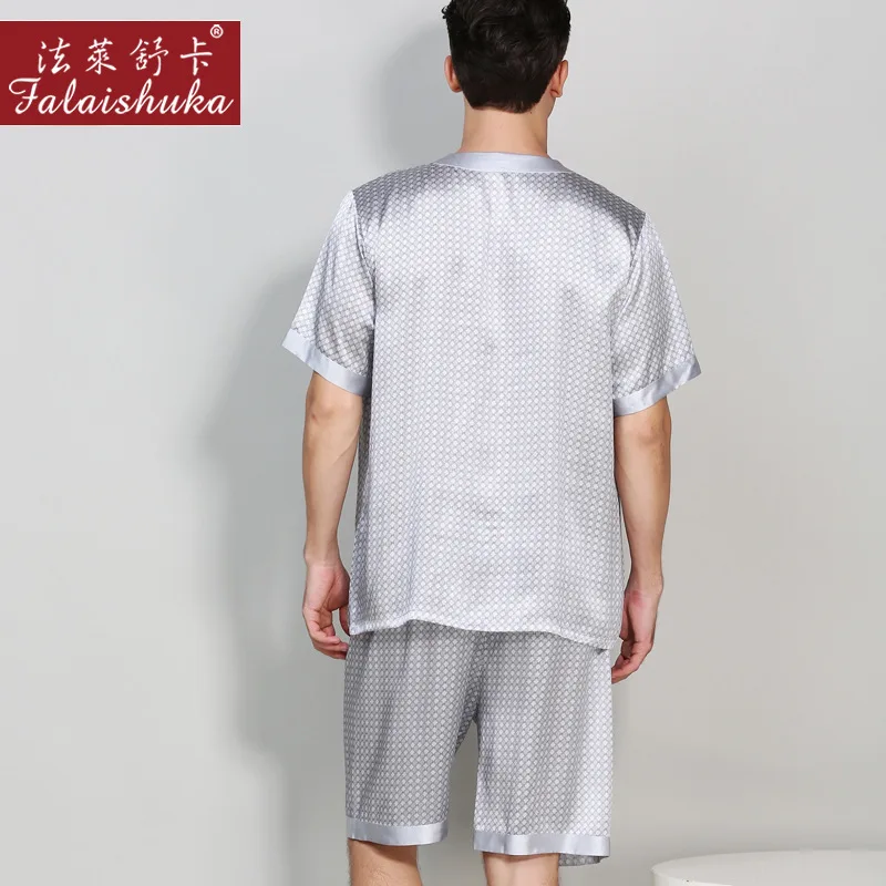 Genuine Silk Men's Pajamas 100% Silkworm Silk Sleepwear High Quality Printed Short-Sleeved Pyjama Shorts Two-Piece Sets T9012